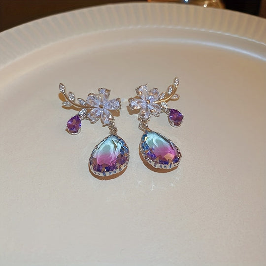 Flower & Teardrop Shape Zirconia Drop Dangle Earrings