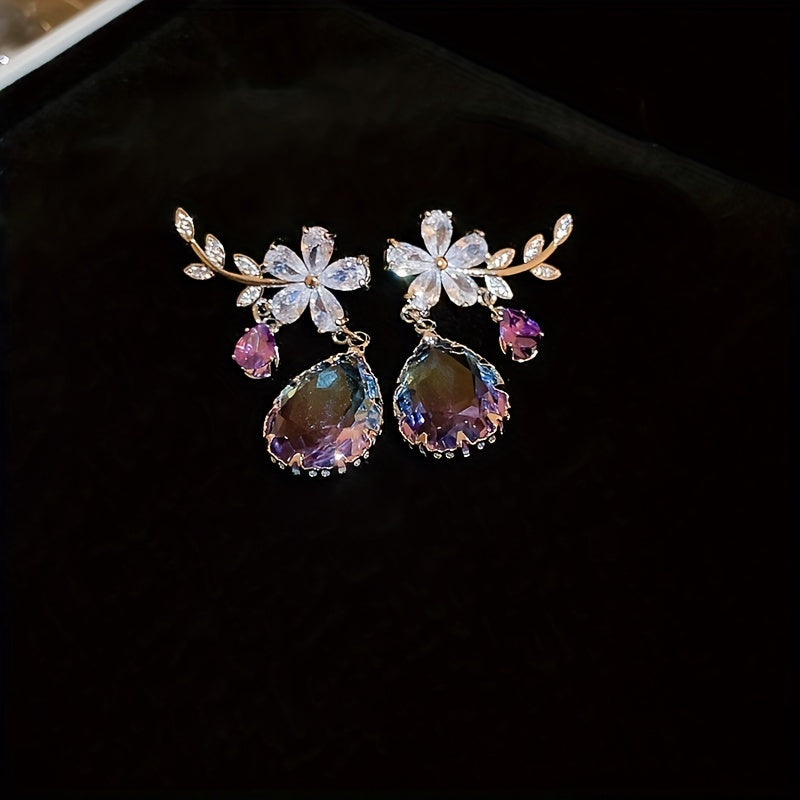 Flower & Teardrop Shape Zirconia Drop Dangle Earrings