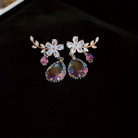 Flower & Teardrop Shape Zirconia Drop Dangle Earrings