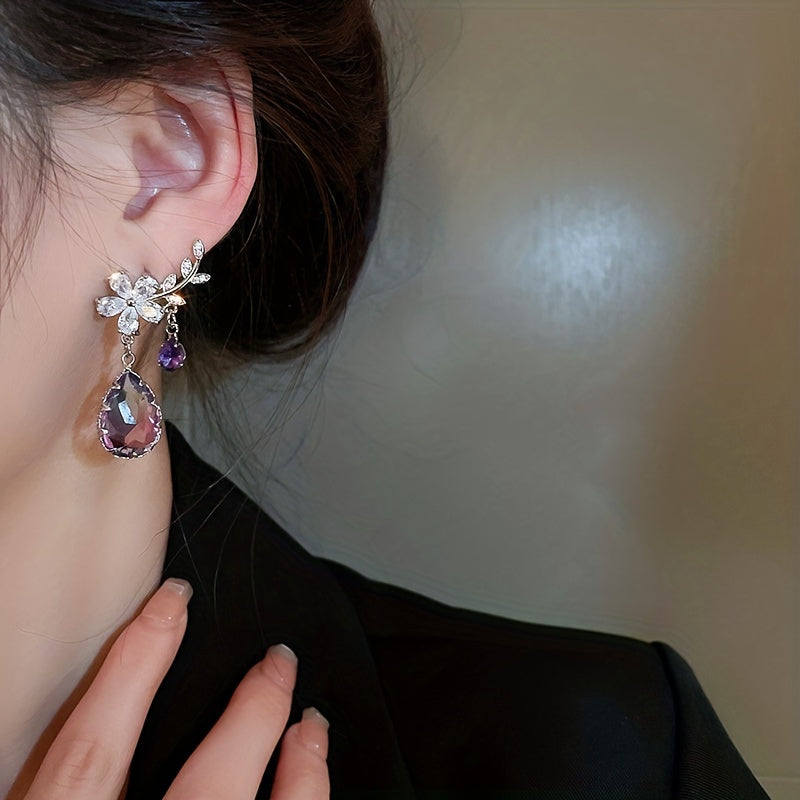 Flower & Teardrop Shape Zirconia Drop Dangle Earrings