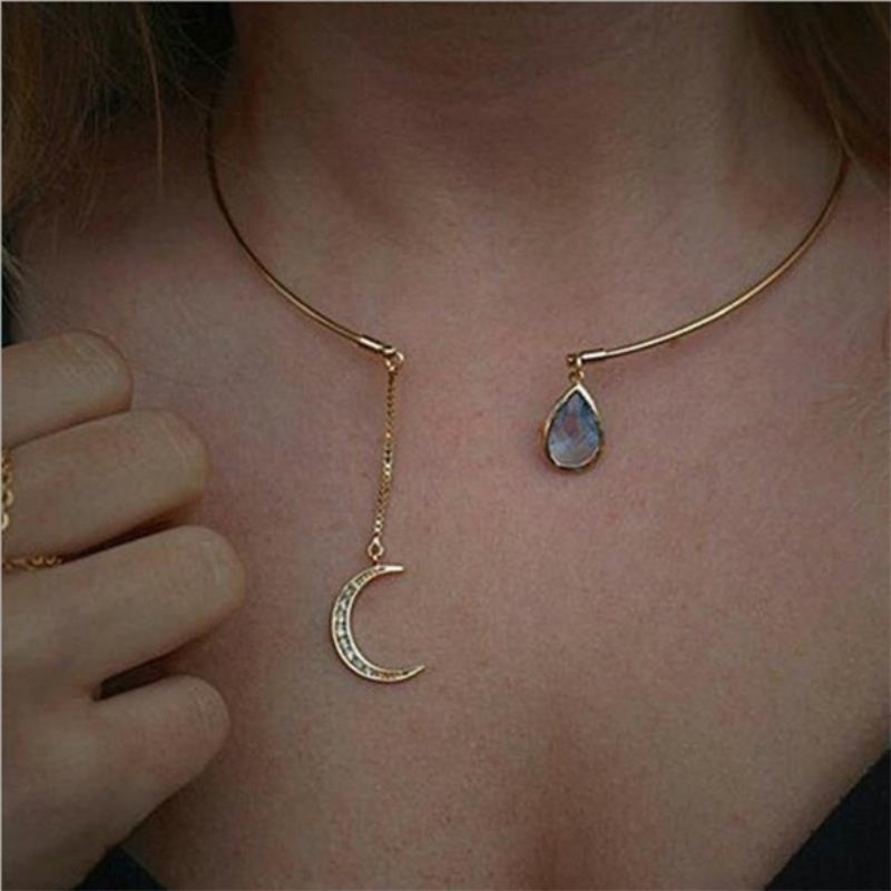 Water Droplet & Moon Pendant Necklace