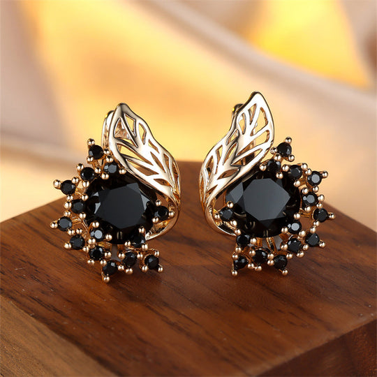 Round Black Stone Floral Earrings