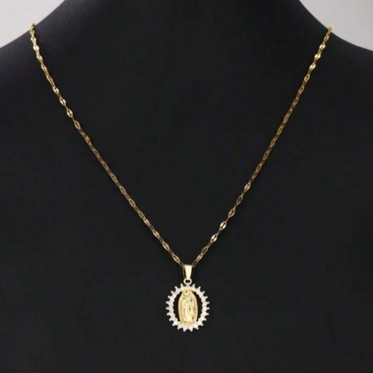 Virgin Mary Oval Pendant Necklace