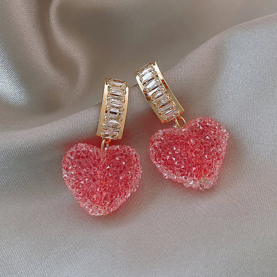 Korean Pink Heart Crystal Drop Earrings