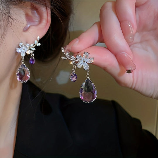 Flower & Teardrop Shape Zirconia Drop Dangle Earrings
