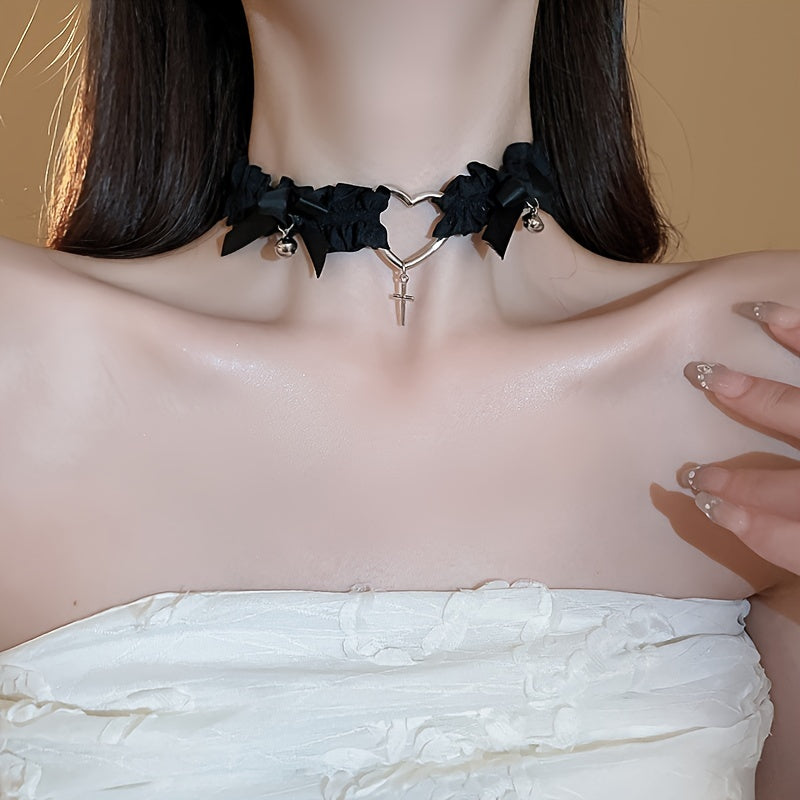 Pleated Elastic Fabric Heart Cross Necklace