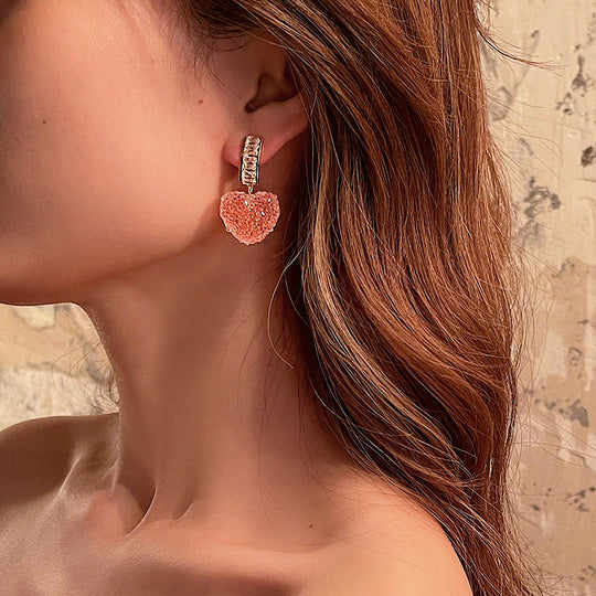 Korean Pink Heart Crystal Drop Earrings