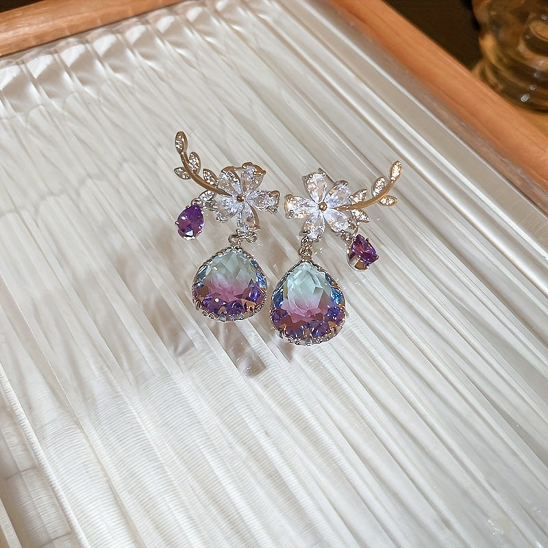 Flower & Teardrop Shape Zirconia Drop Dangle Earrings
