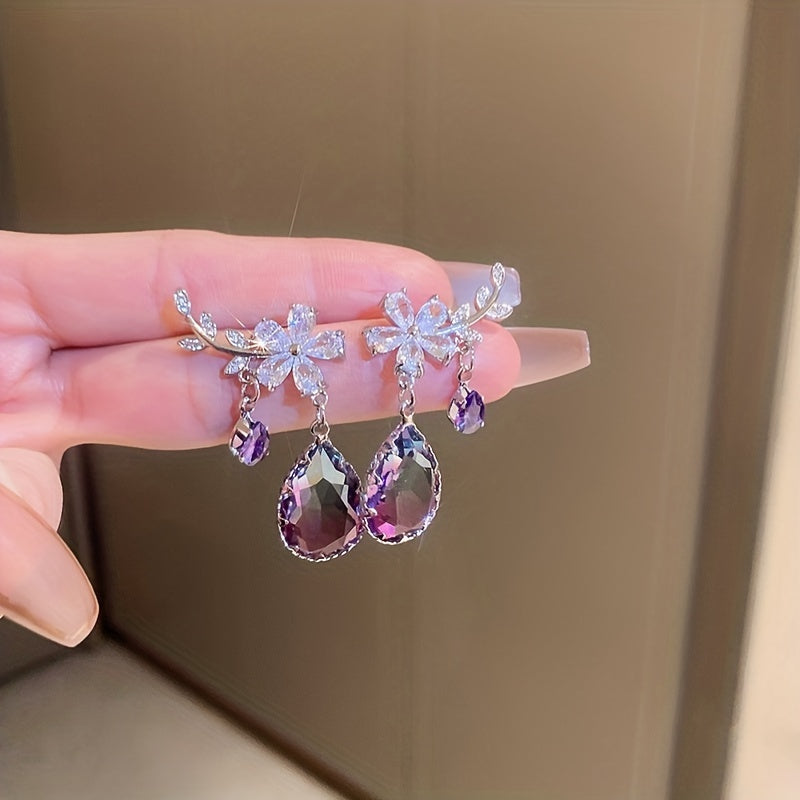 Flower & Teardrop Shape Zirconia Drop Dangle Earrings