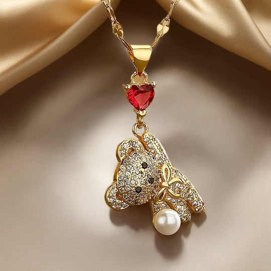 Adorable Bear Pendant Necklace with Synthetic Zirconia