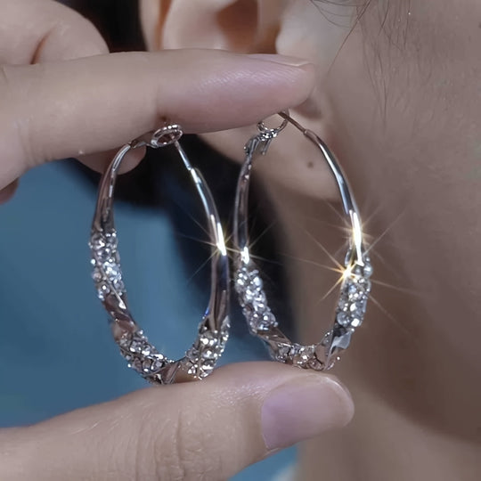 Sparkling Rhinestones Pleated Hoop Earrings
